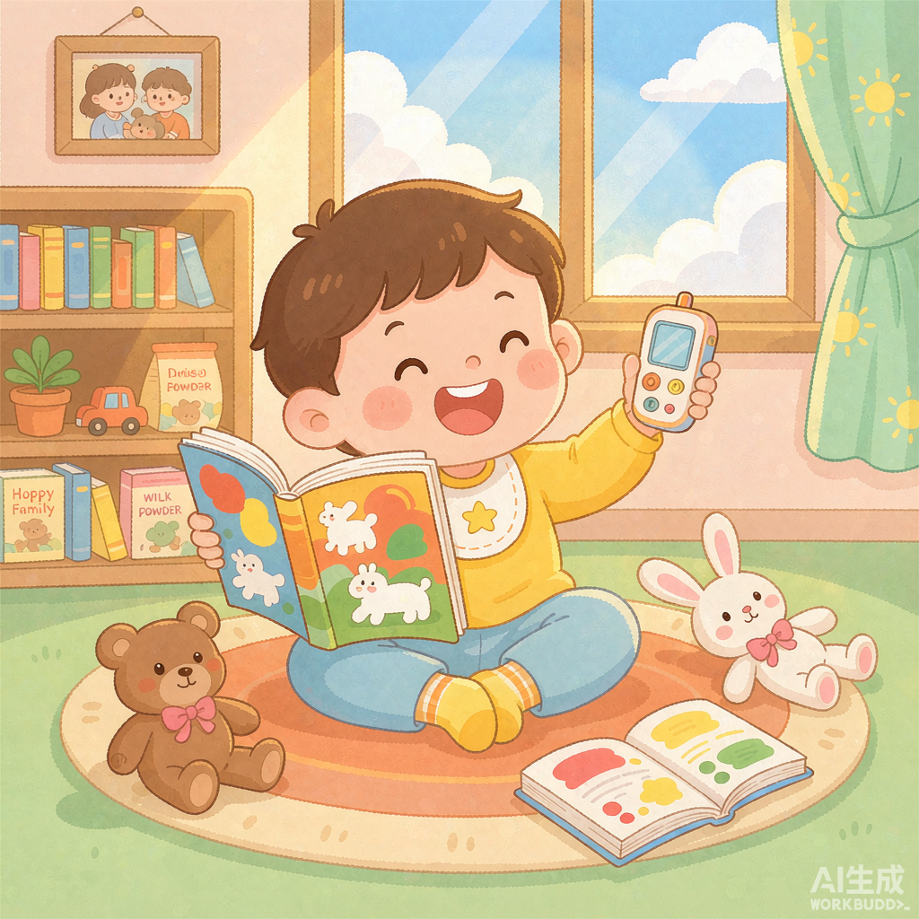 宝宝坐在地垫上，用发声玩具点读杰克英语绘本，笑容灿烂